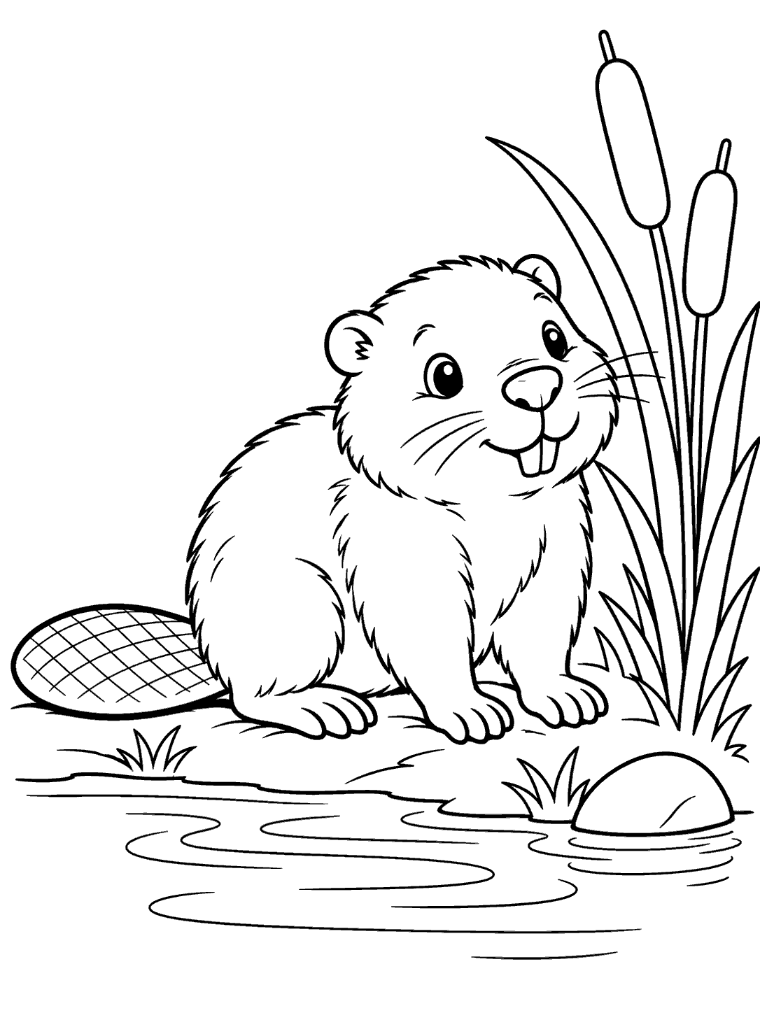 A smiling beaver kit with a flat tail beside tall reeds, ripples, and a pebble.