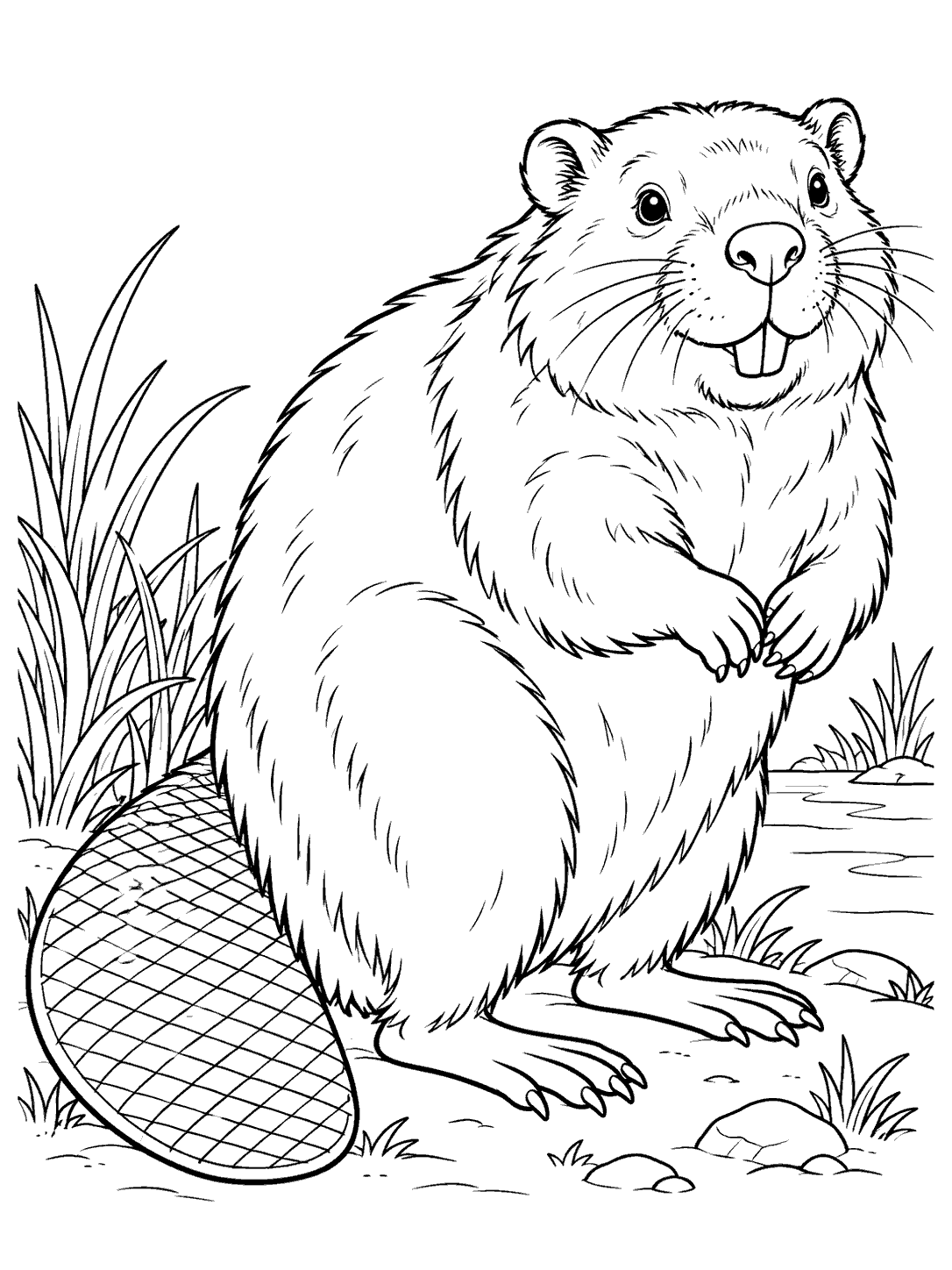 A full-body beaver looks toward the viewer, with its broad crosshatched tail beside it and grasses around it.