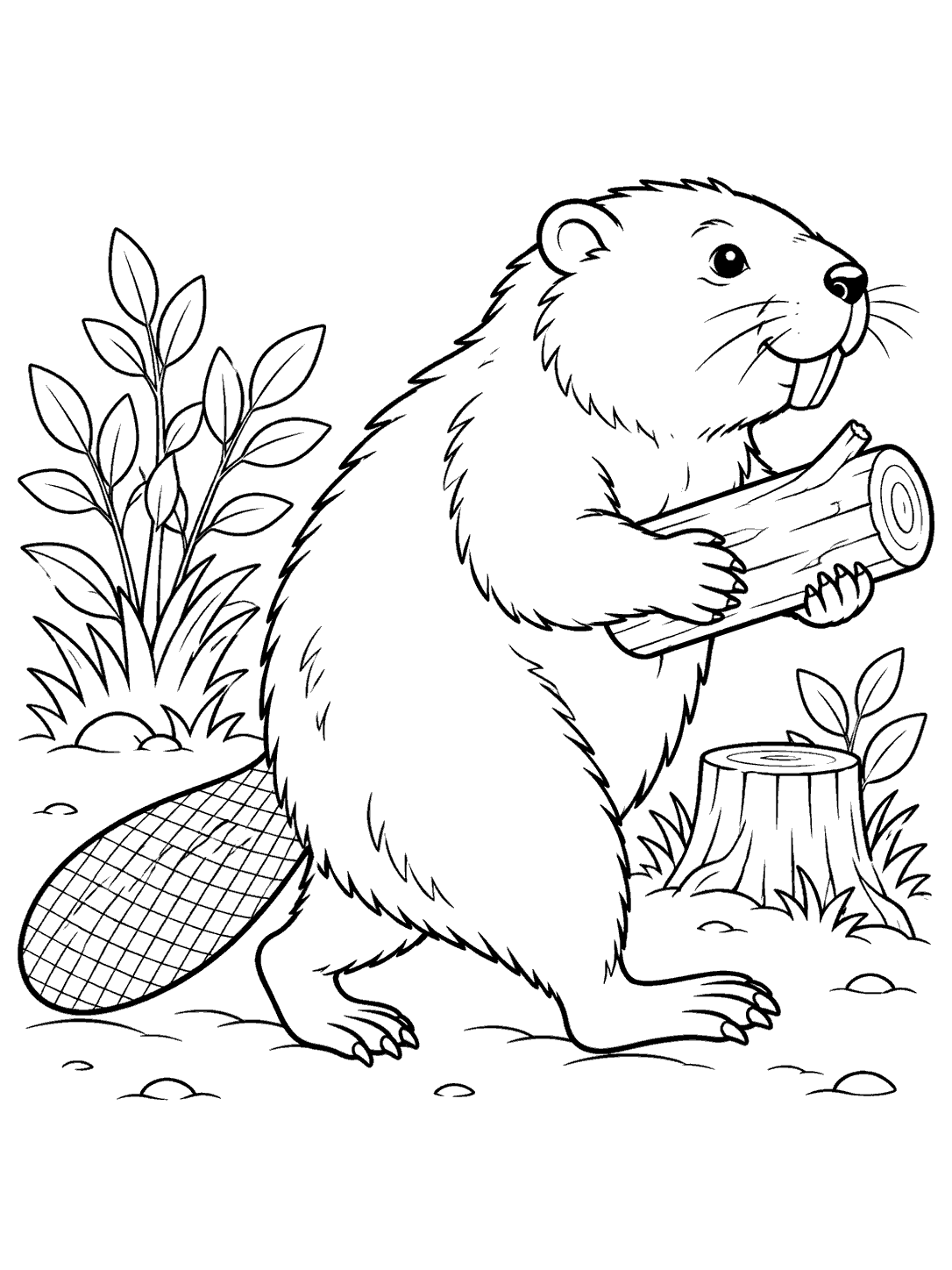 A profile beaver carries a log past woodland plants and a small stump.
