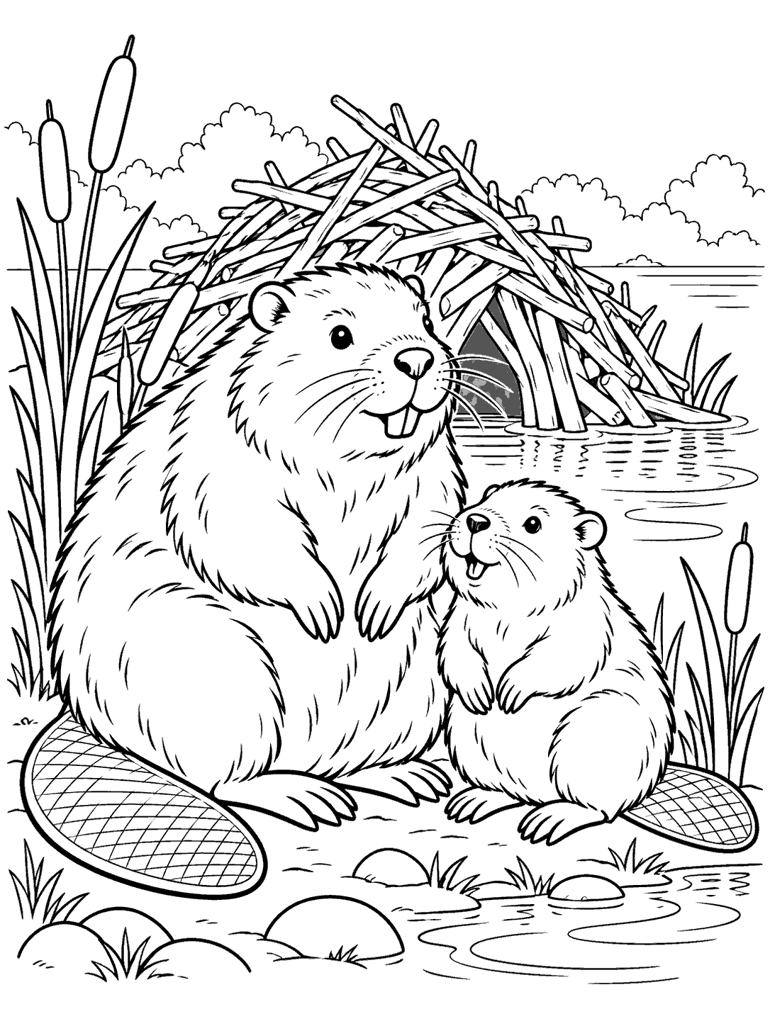 Two beavers with visible flat tails sitting by a branch lodge, reeds, and pond ripples