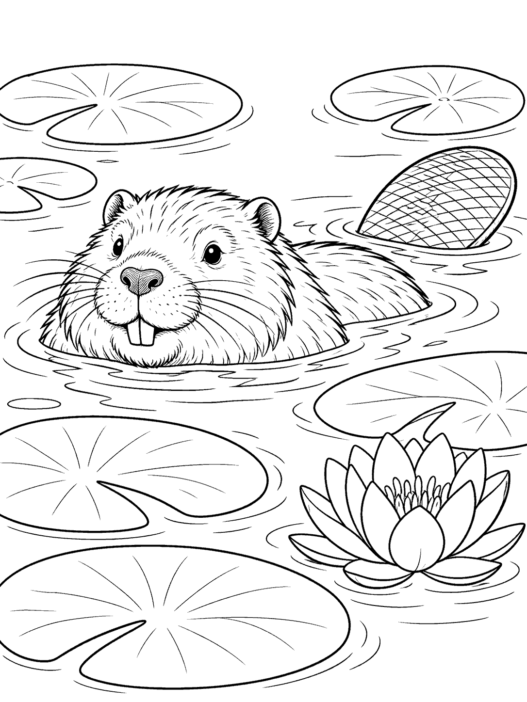 Beaver floating in a pond with lily pads, ripples, and an open water lily