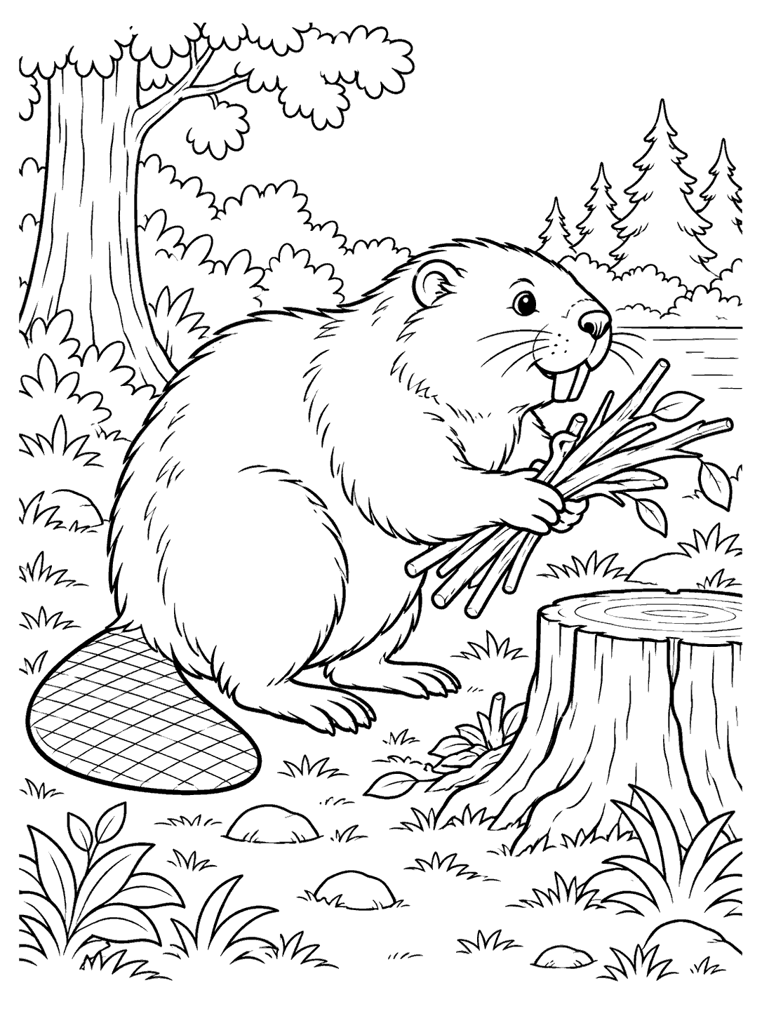 Side view of a beaver holding twigs beside a low stump in a woodland clearing.