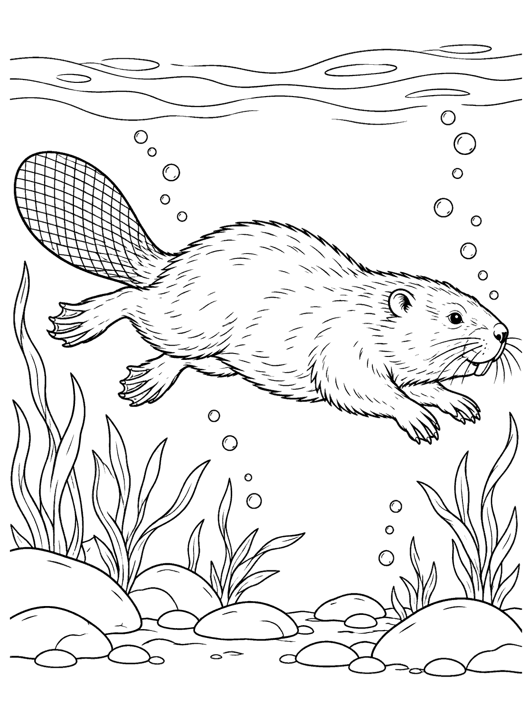A profile view of a beaver swimming underwater, with its broad tail trailing behind, surrounded by plants and bubbles.