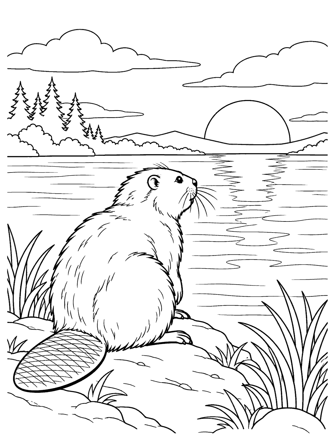 A beaver in side profile, with its broad flat tail visible, faces a low sun over the water.
