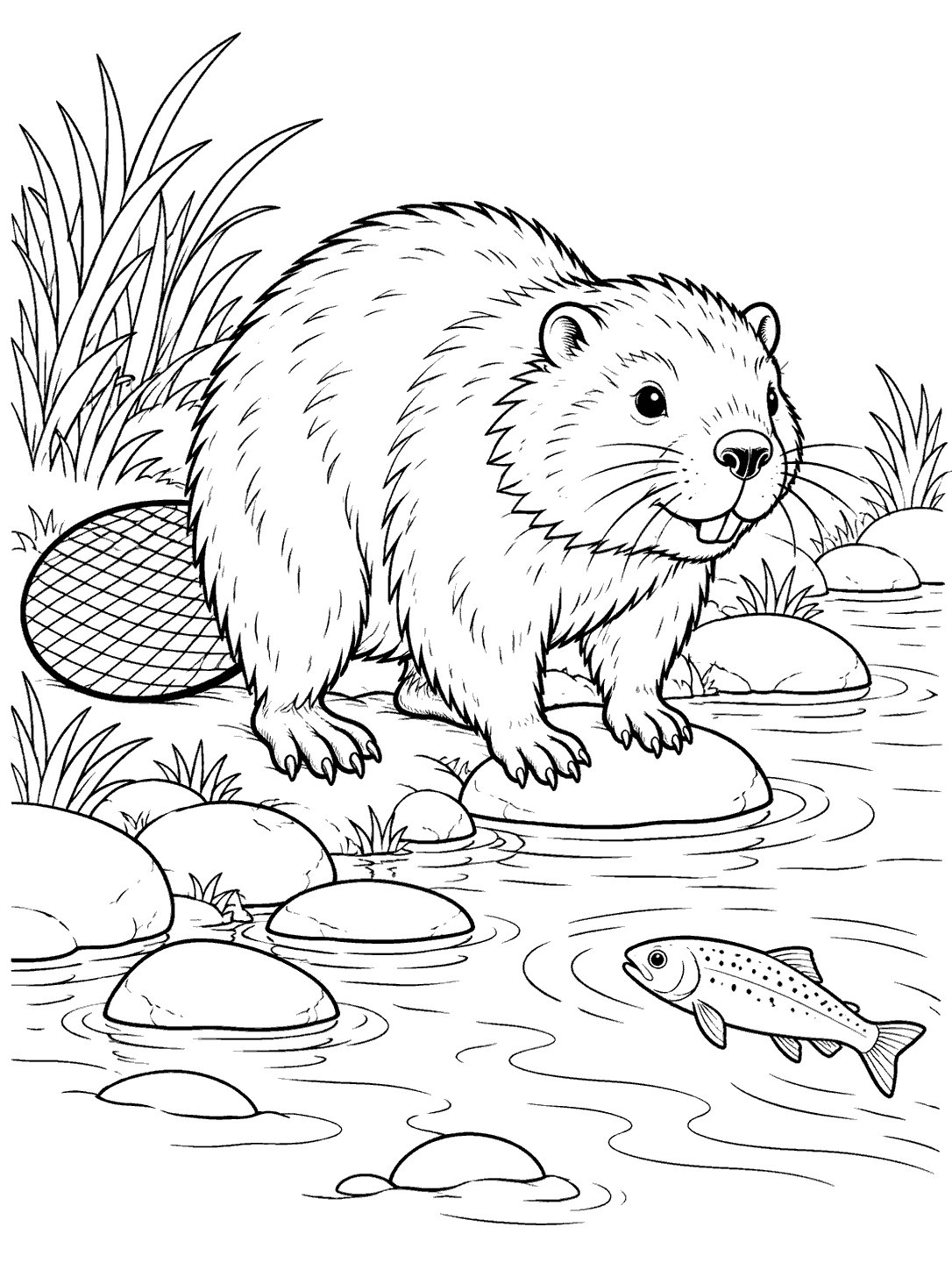 A beaver with a distinct flat tail stands among stream rocks while a small fish swims nearby.