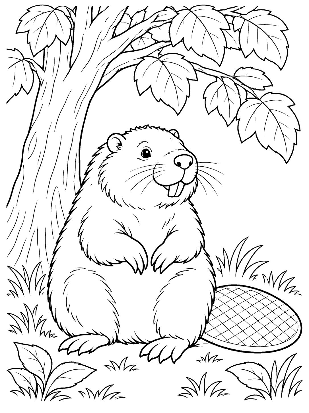 A beaver sitting beside its broad, crosshatched flat tail under leafy branches, with grass and a few plants around it.
