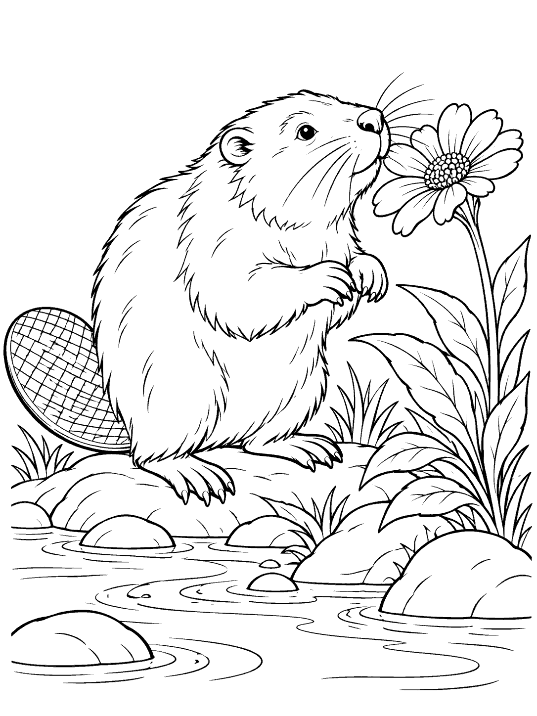 A beaver sniffing a large wildflower beside the river, with its broad tail, leaves, and rippling water visible.