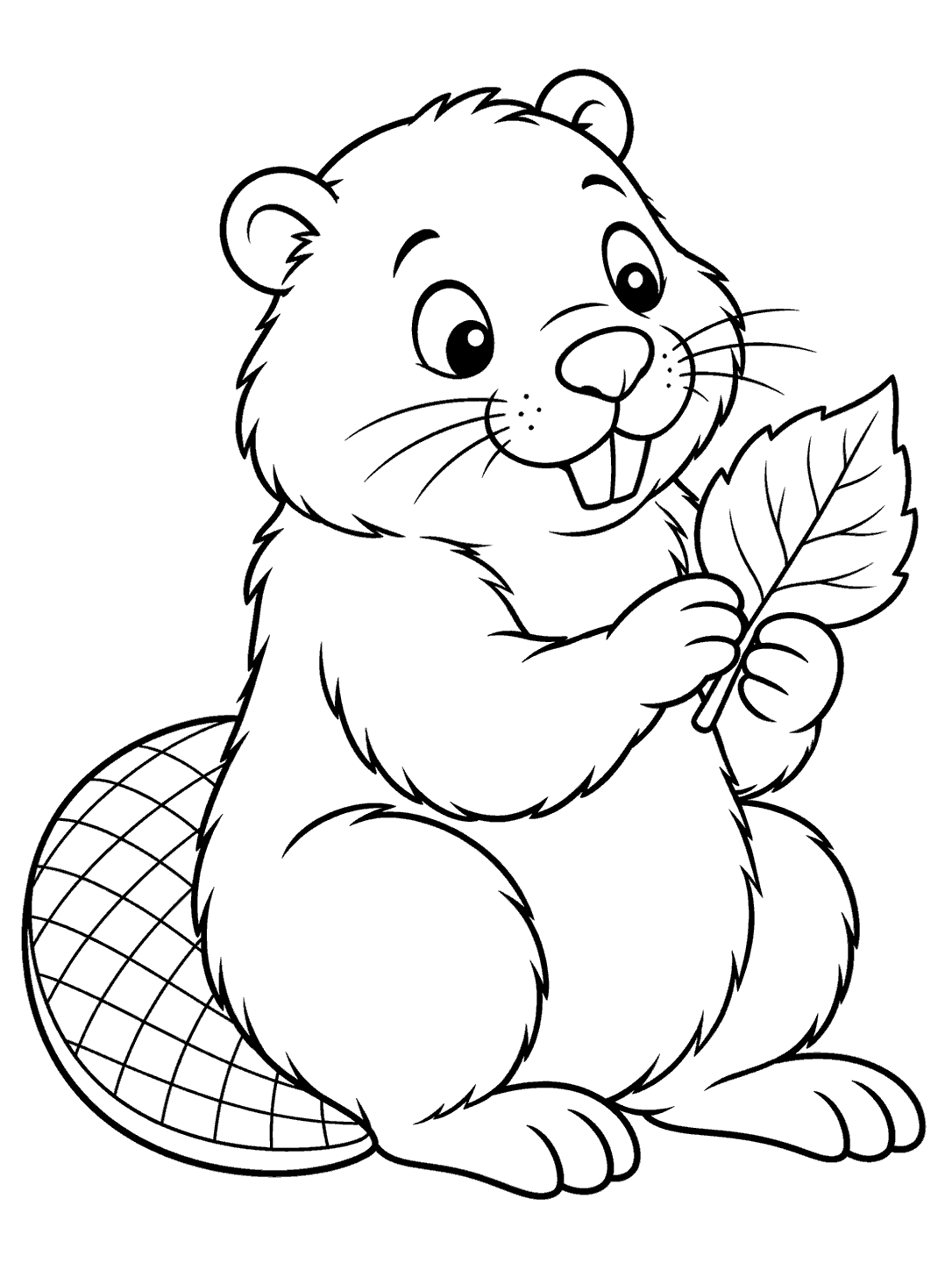Seated beaver holding a broad veined leaf, with its flat tail curled alongside its body