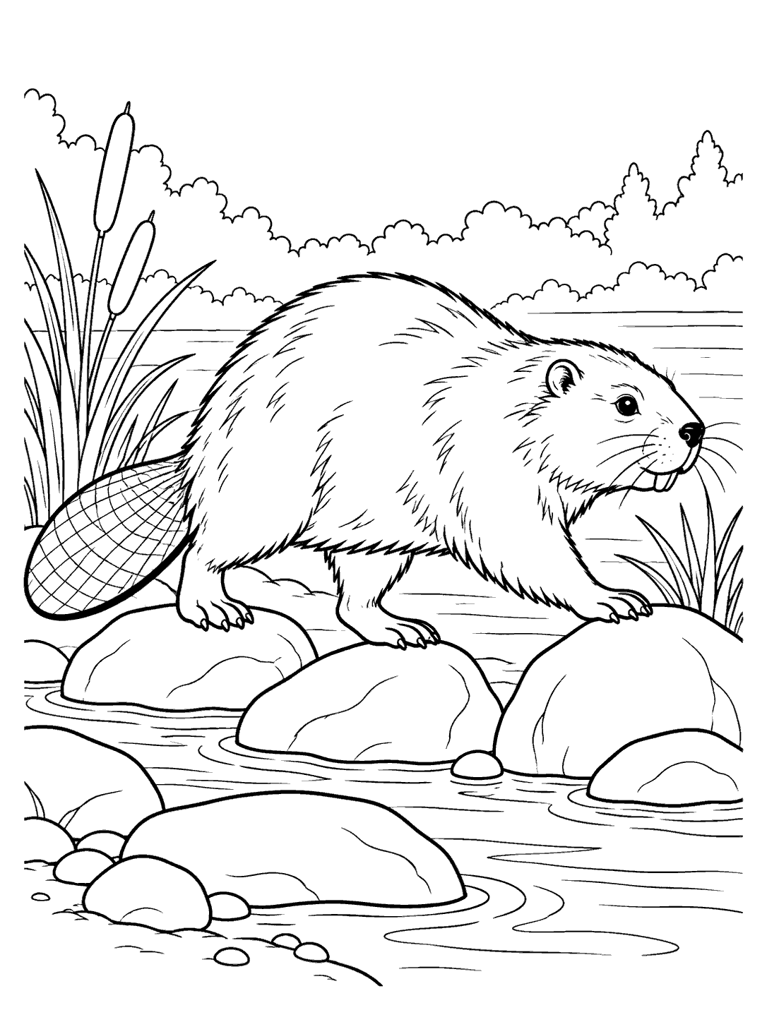 A side-view beaver stepping across smooth river rocks with reeds nearby.