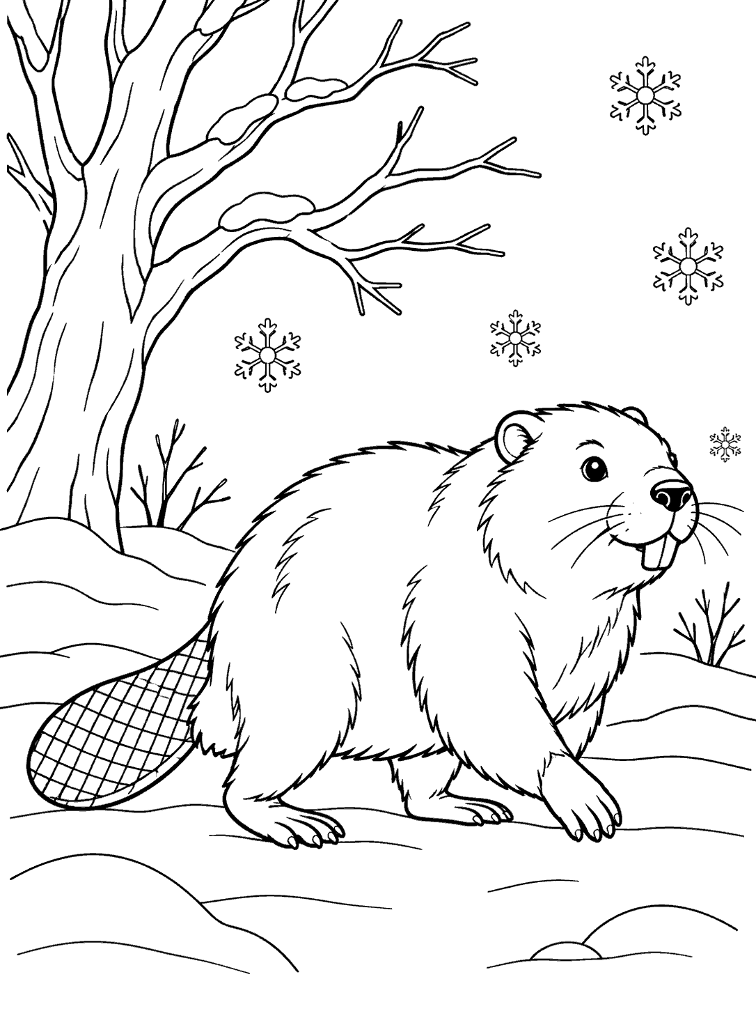 Beaver walking through a lightly snowy woodland beside a bare tree, with snowflakes and open snow mounds
