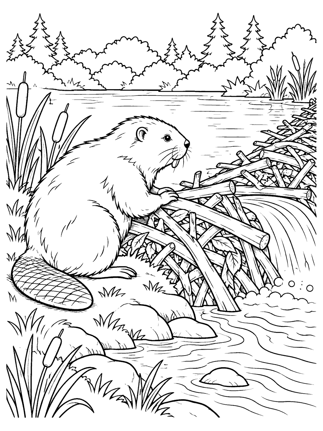 Side-view beaver inspecting a branch dam, with its flat tail on the bank.