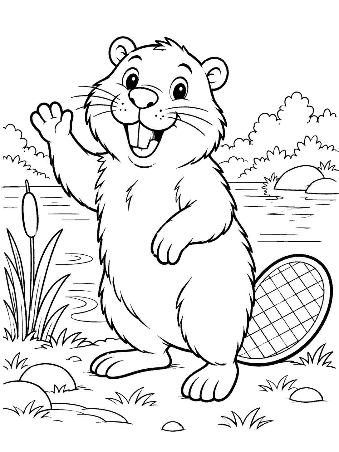 A smiling full-body beaver waves beside a pond, with cattails and ripples around its broad, crosshatched tail.