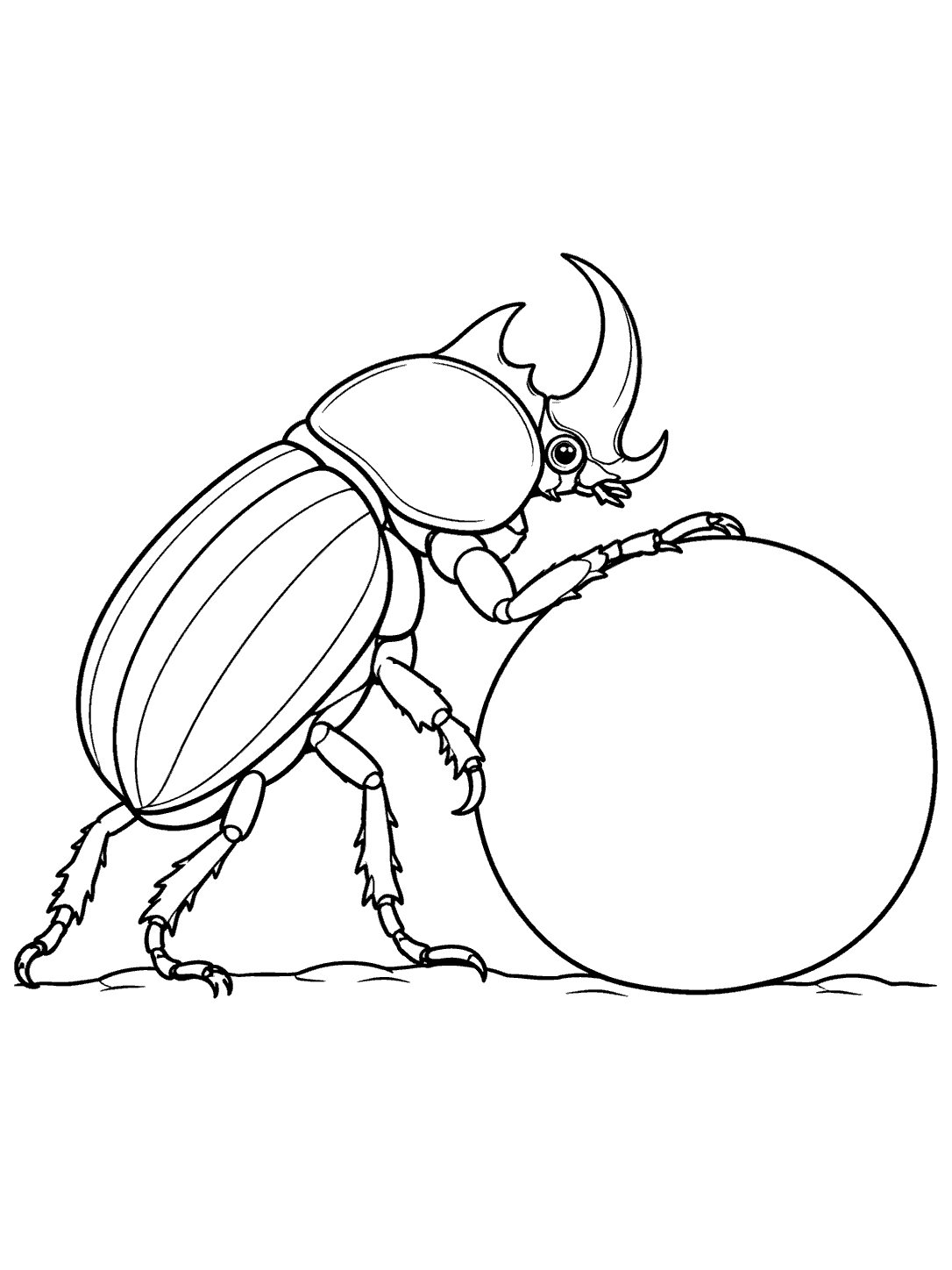 Black and white scarab beetle with a horned head pushing a large blank ball in a printable coloring page.
