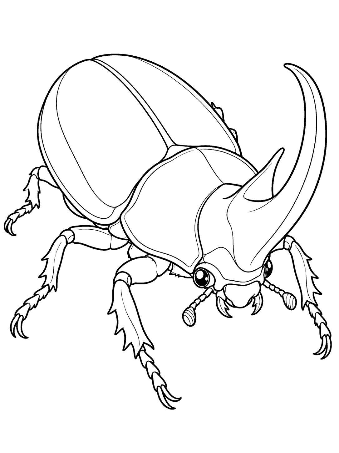 Black-and-white rhinoceros beetle coloring page with a prominent curved horn, detailed legs, antennae, and large open shell sections.