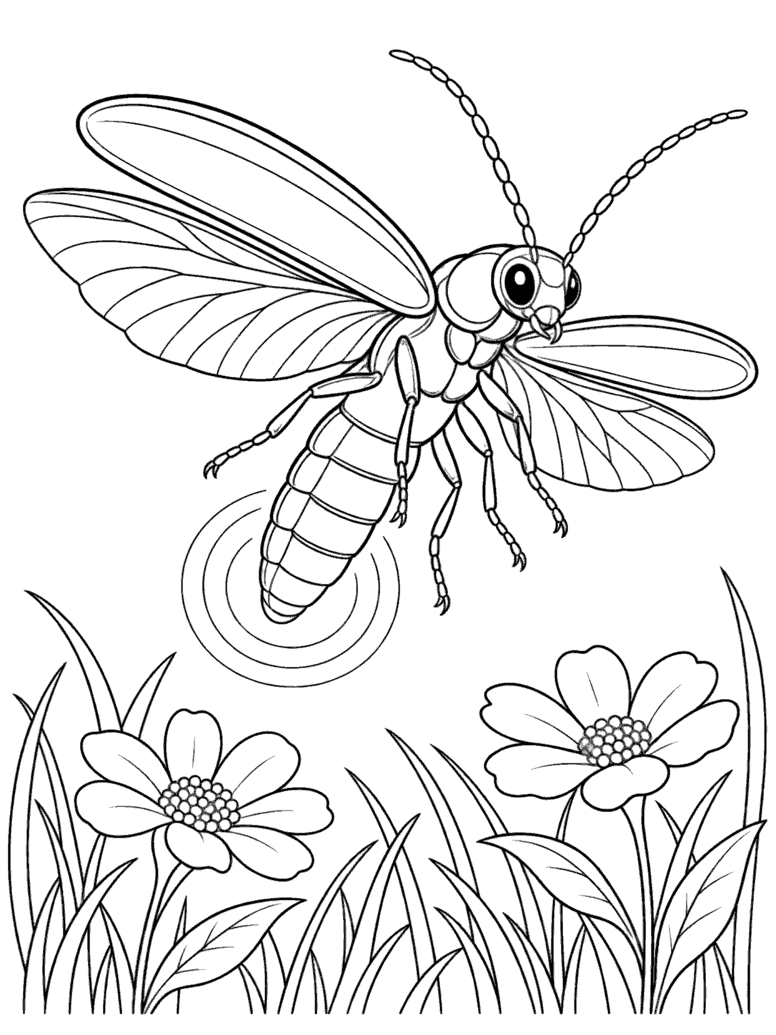Firefly beetle coloring page with spread wings, segmented abdomen, and circular glow rings above grass and flowers.
