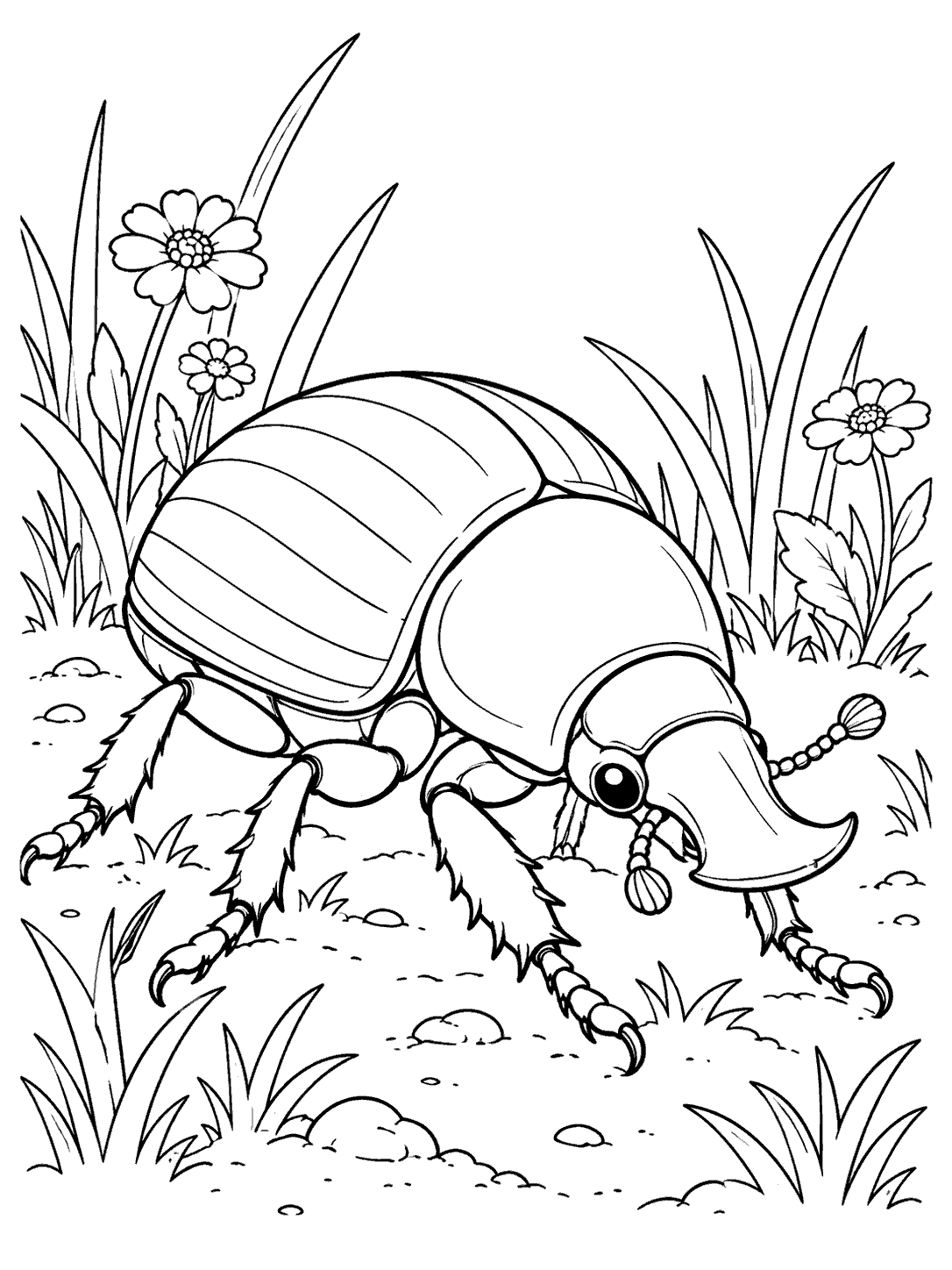 Large dung beetle with a shovel-like head, segmented rounded body, six legs, and antennae among meadow grass and flowers, drawn as a coloring page.