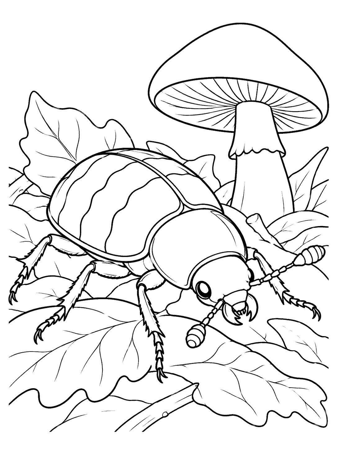 Burying beetle with a rounded banded shell beside a mushroom on leaf litter, coloring page.