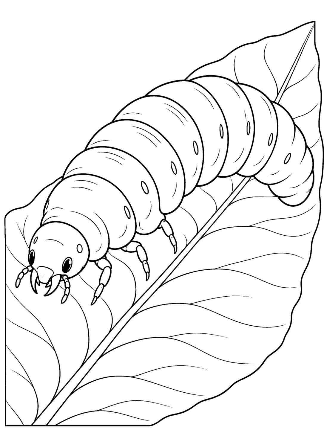Black-and-white beetle larva coloring page showing a segmented larva with small legs on a broad leaf.