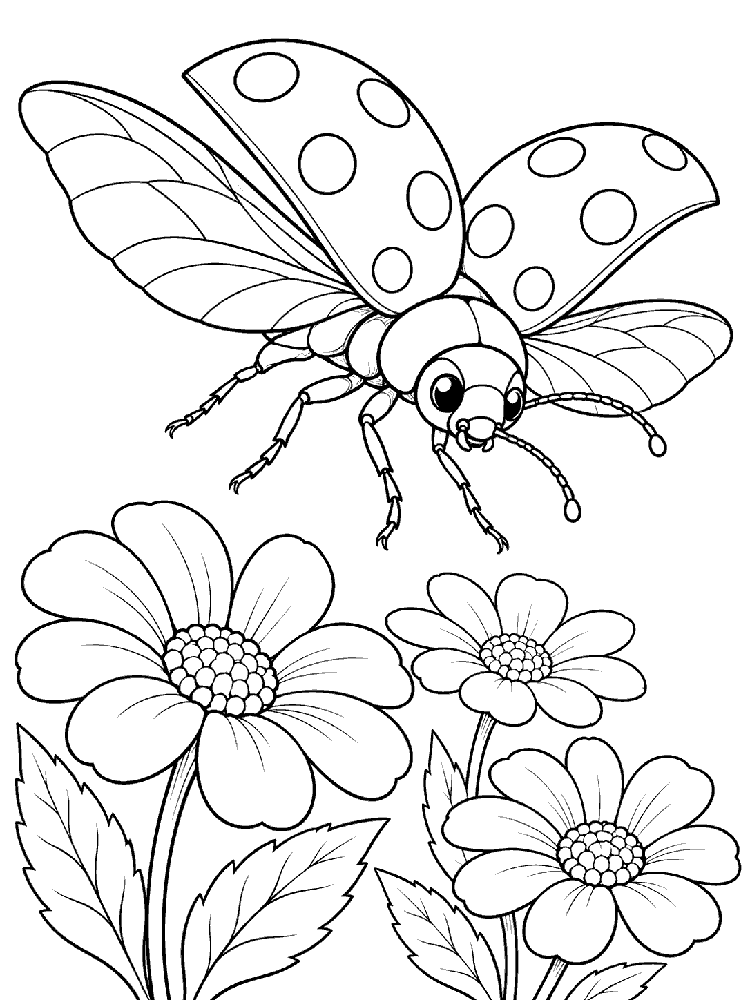 Flying ladybug with open spotted wing covers, delicate flight wings, and antennae above three flowers on a coloring page.