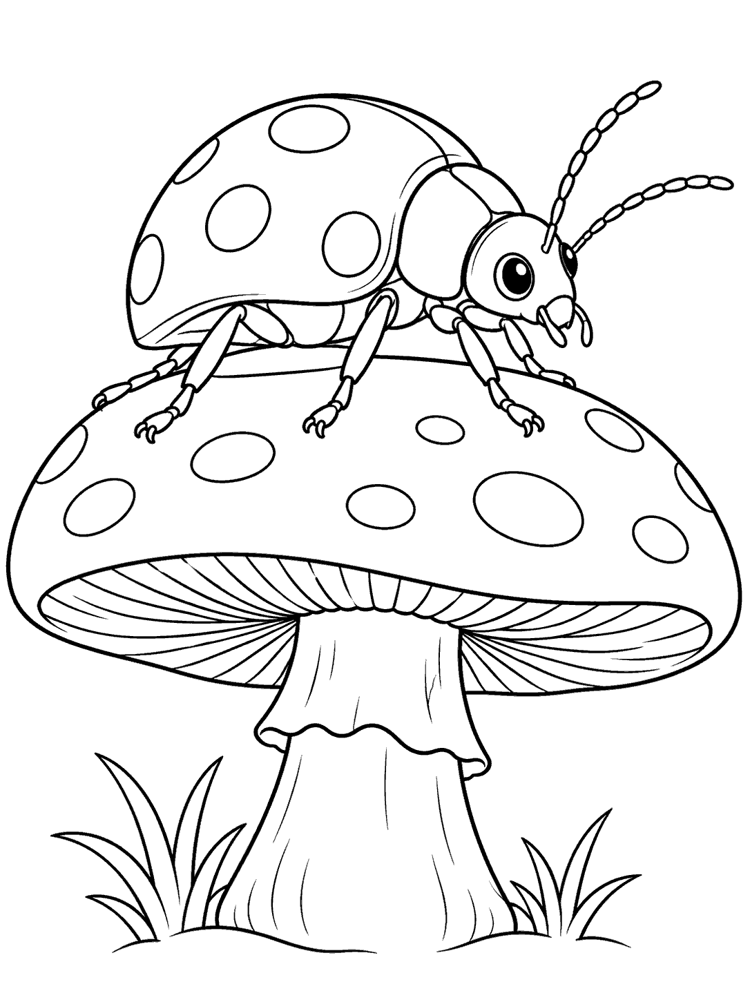 Small spotted beetle walking across a mushroom cap coloring page, with grass tufts below.