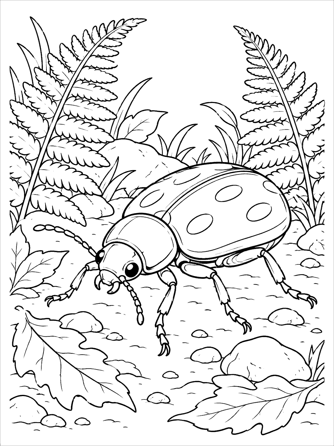 A large spotted beetle with six legs and antennae in a fern-filled woodland clearing, drawn as a black-and-white coloring page.