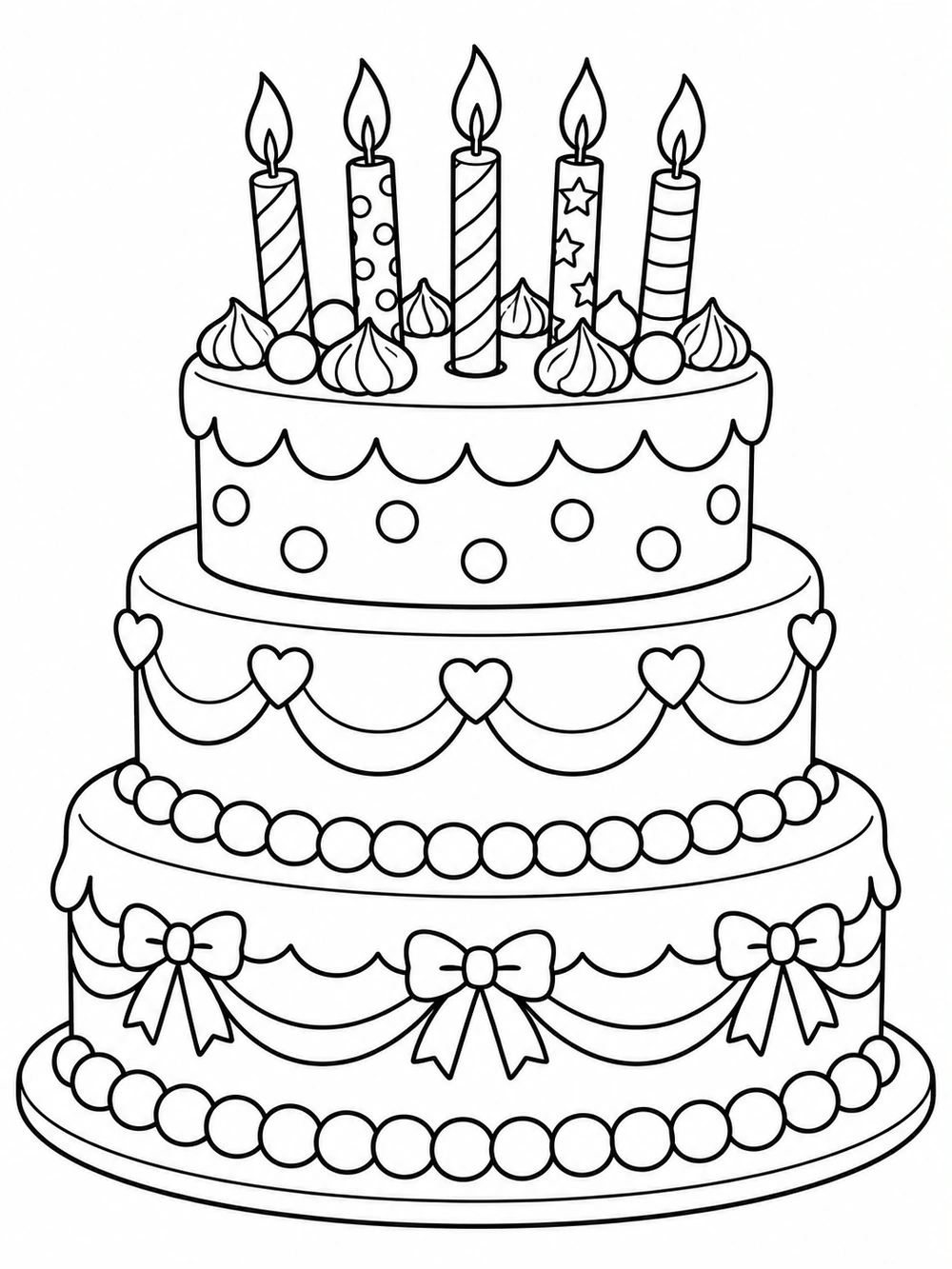 Black-and-white birthday coloring page showing a decorated three-tier cake with five upright candles.