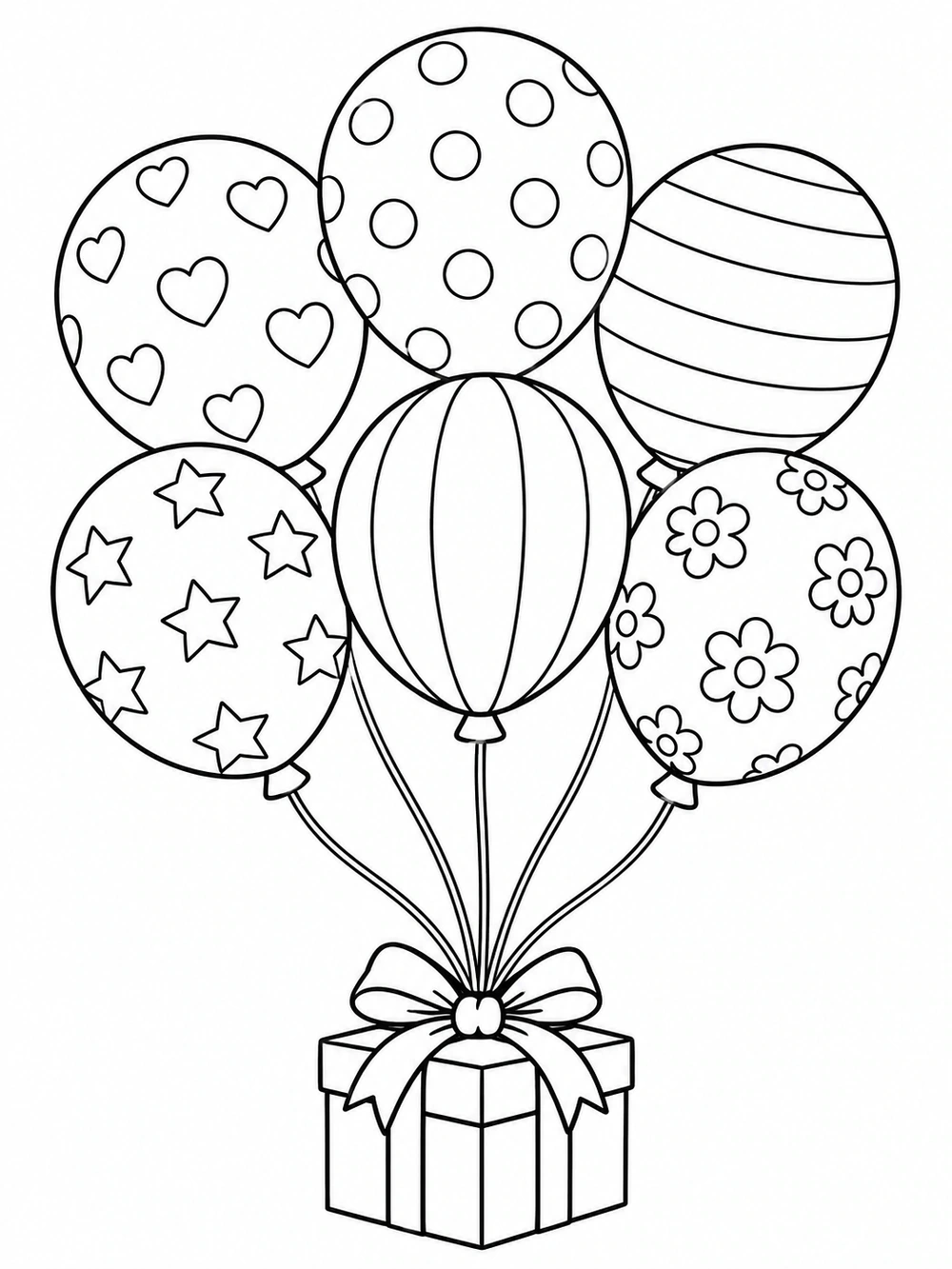 Black and white birthday coloring page with seven patterned balloons and a wrapped gift