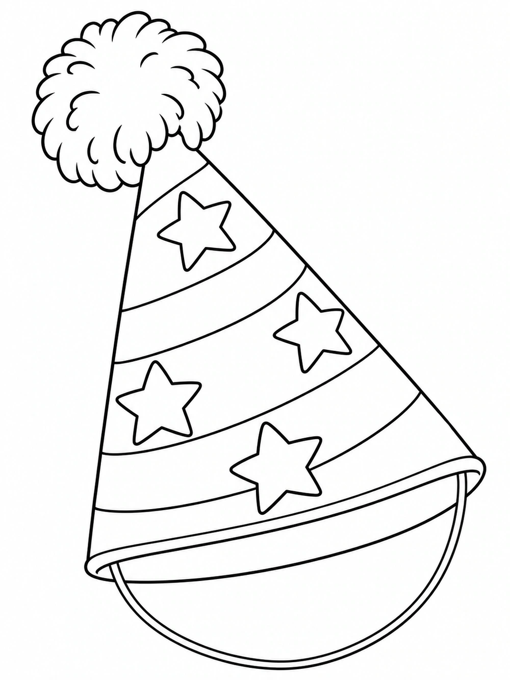 Oversized cone-shaped birthday hat with alternating bands, four stars, a fluffy pom-pom, and elastic loop, drawn in black outlines on white.