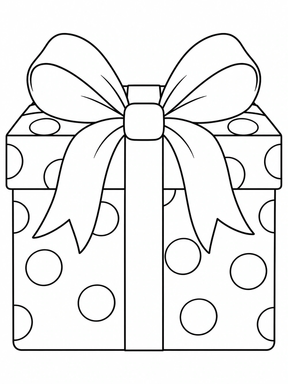 Square birthday present with a large bow and polka-dot wrapping, drawn in black outlines for coloring.
