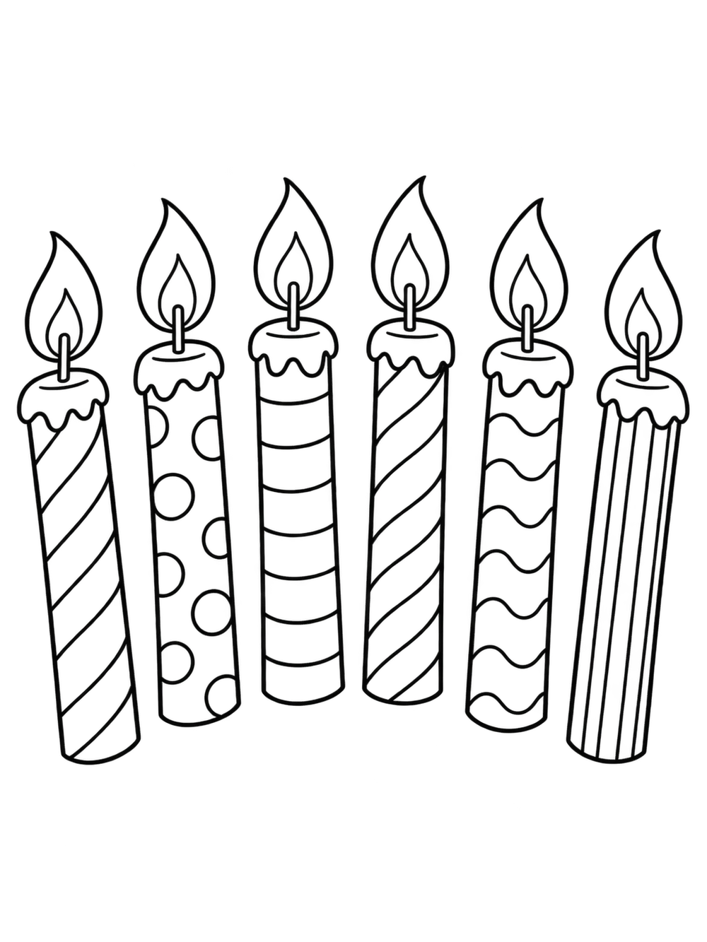 Six separate striped birthday candles with flames in a gentle arc, outlined for coloring.