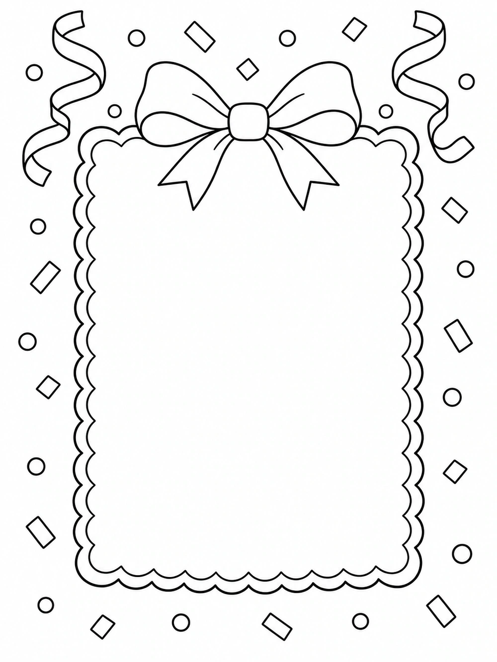 Blank scalloped birthday invitation card with a bow, confetti, and two curled ribbons in black outline coloring art
