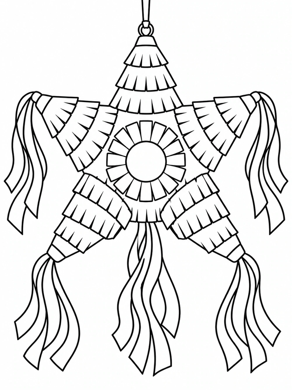 Black-and-white coloring page of a large five-point star piñata with fringe bands and dangling streamers.