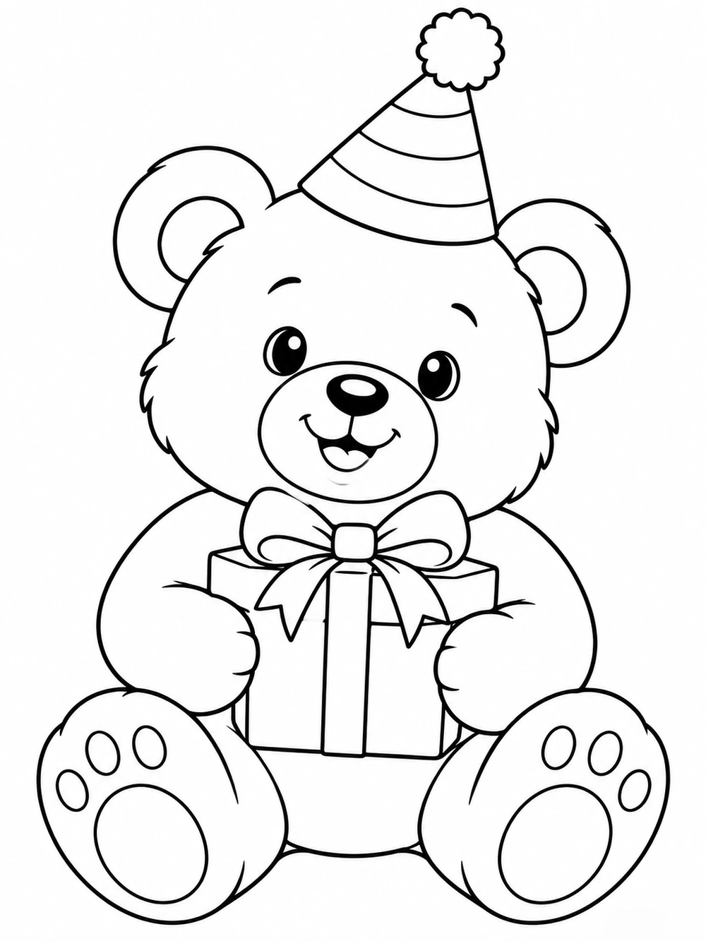 Black and white coloring page of a seated teddy bear in a party hat holding a wrapped gift with a bow.