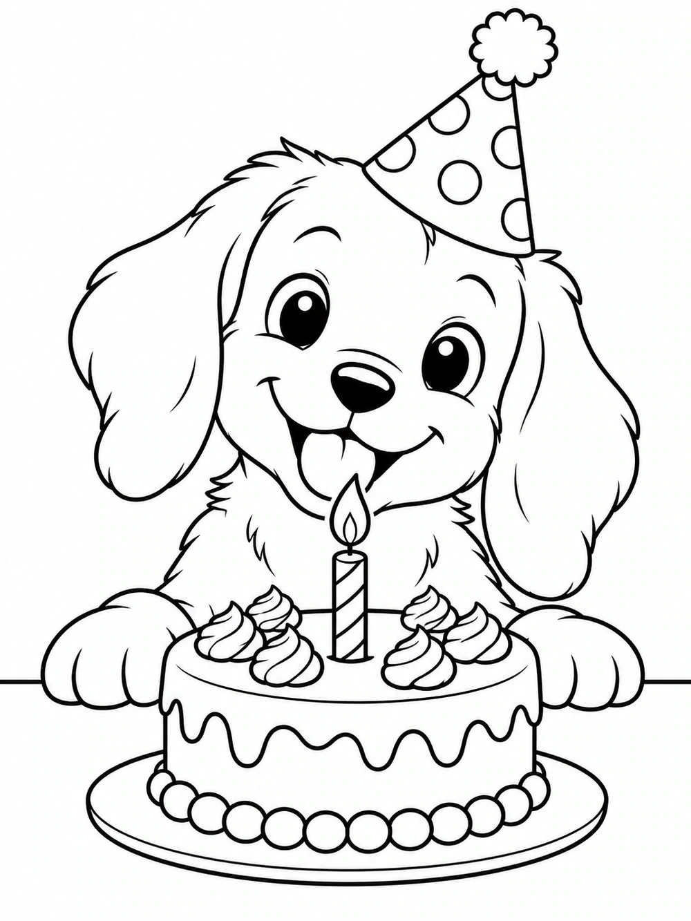 Floppy-eared puppy wearing a party hat, peeking over a round birthday cake with a single candle.
