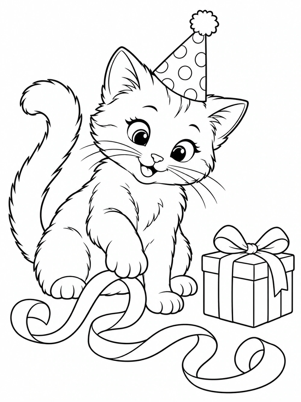 Seated cat in a party hat reaching toward a curling ribbon beside a wrapped present, in a birthday coloring page.