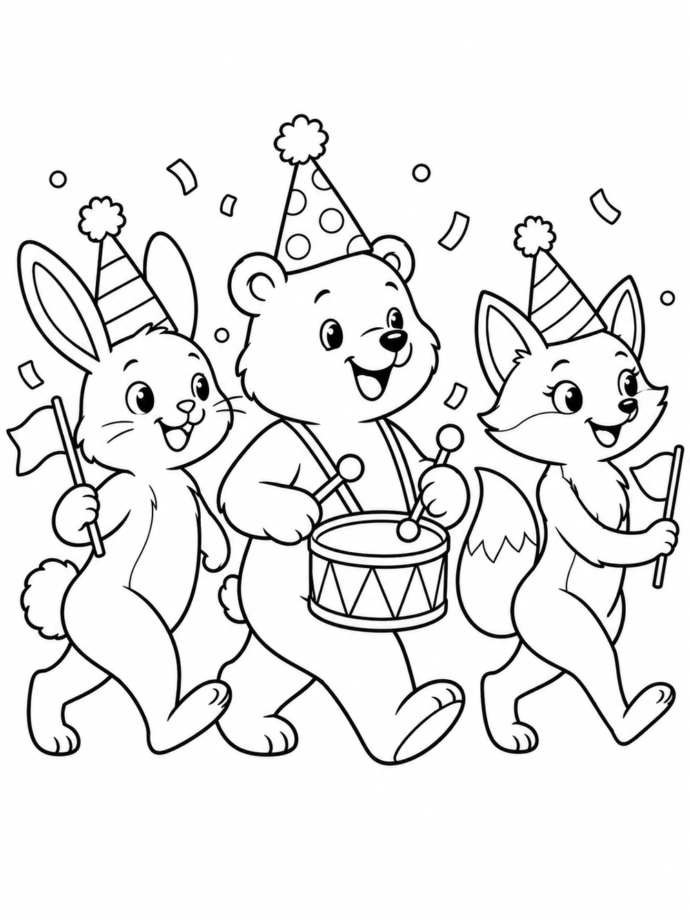 Three cheerful animals in party hats—a rabbit, a bear with a drum, and a fox—march in a black-and-white birthday parade coloring page.