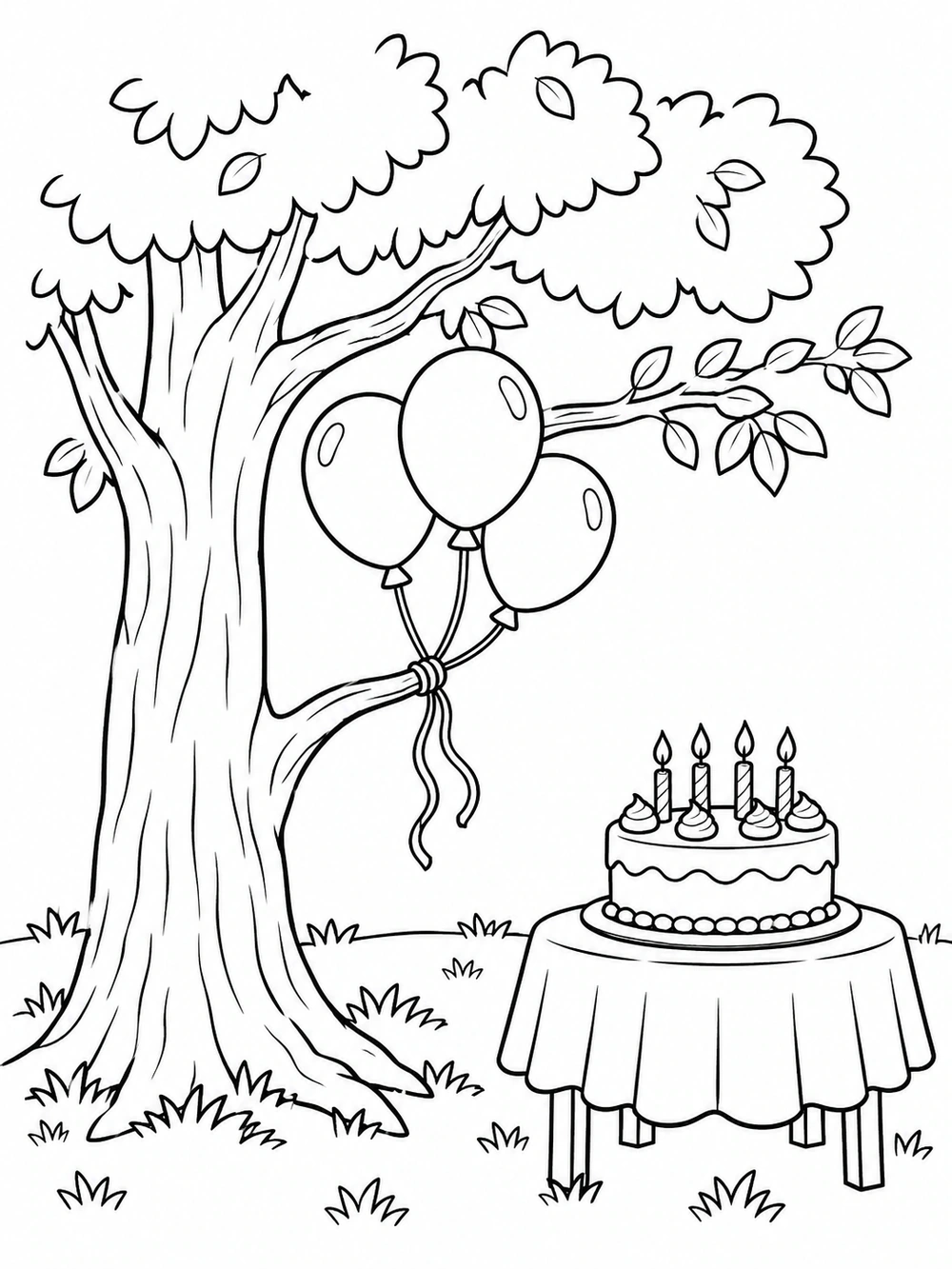 Birthday cake and table beside a broad tree with three balloons in a garden coloring page