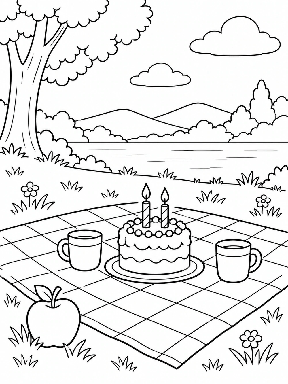Birthday cake with two candles, two cups, and an apple on a checkered picnic blanket in a lakeside scene coloring page