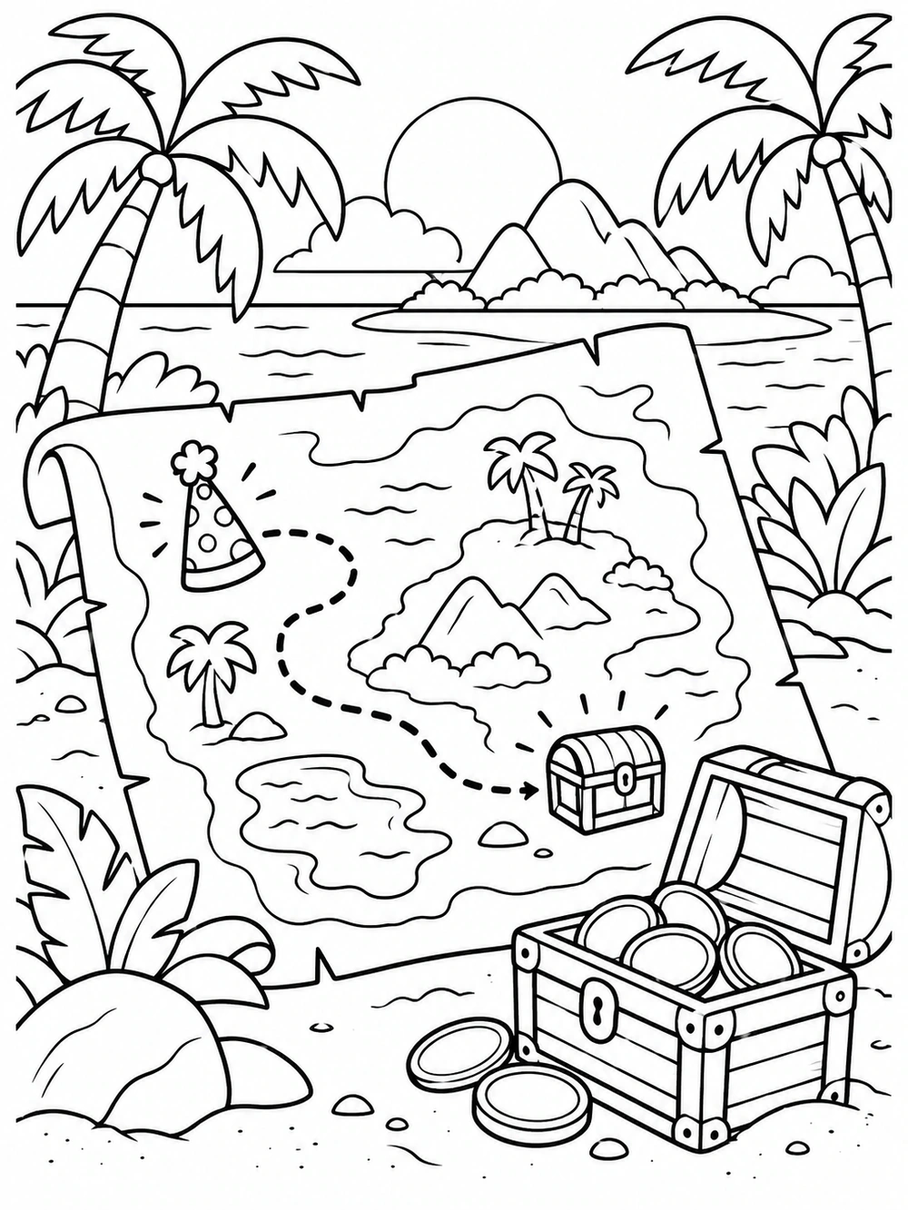 Black and white birthday treasure hunt coloring page with a folded map, party hat, dotted path, and open coin chest amid a tropical island scene.