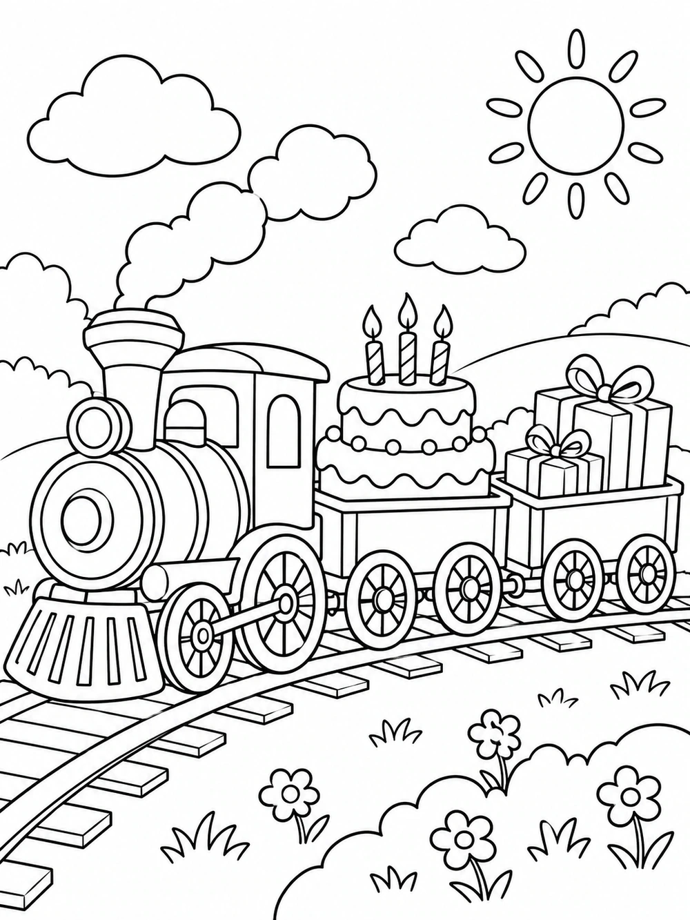 Birthday train coloring page with an engine, cake car, and two gifts on a curved track