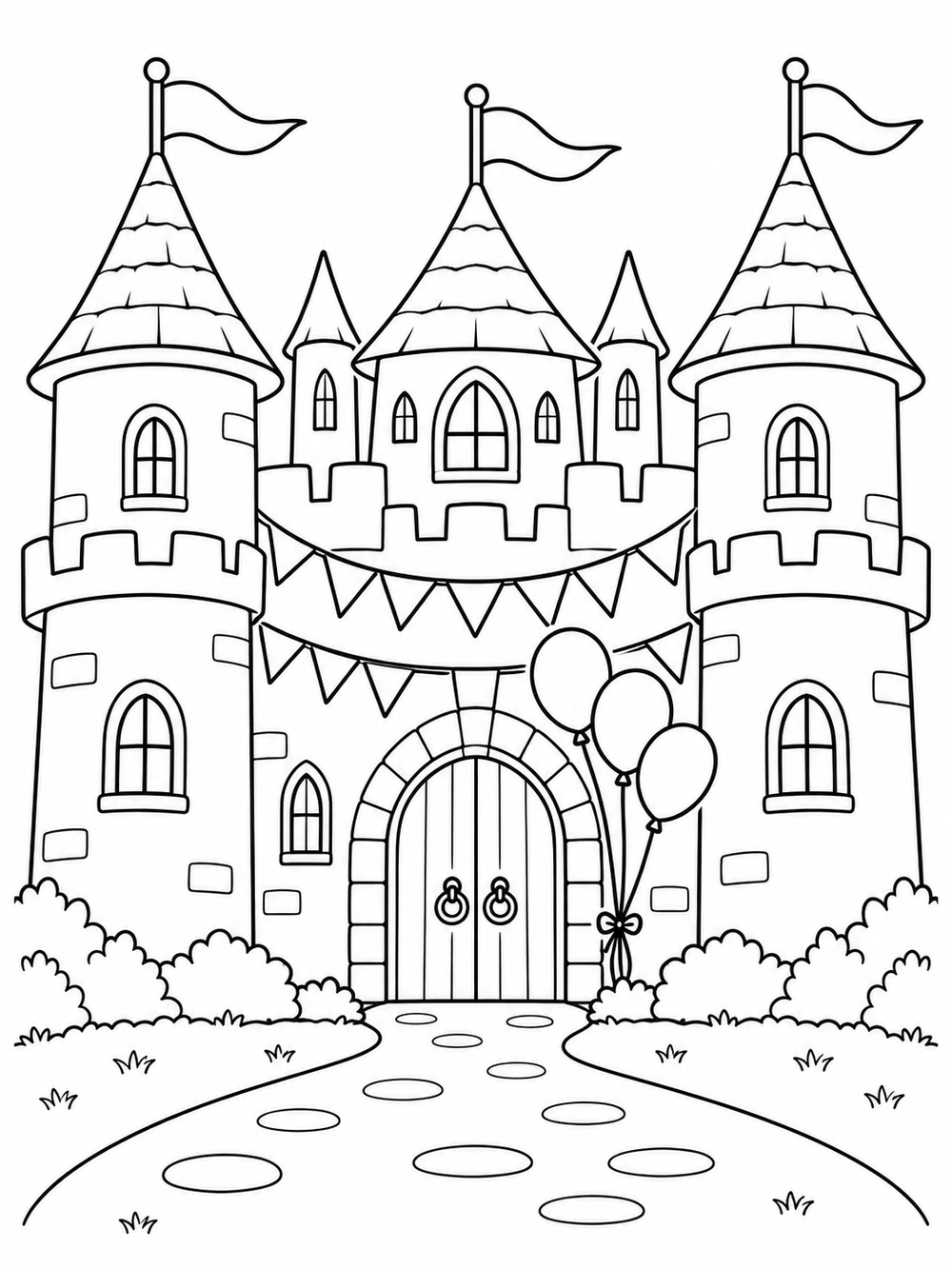 Birthday castle with banners and balloons coloring page