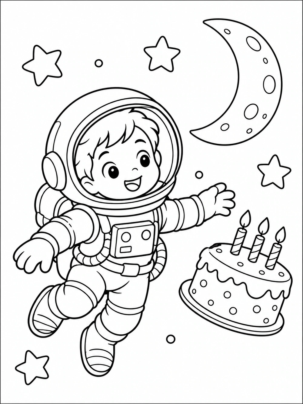 Black and white birthday coloring page with a child astronaut floating beside a cake with three candles, a crescent moon, and four stars.