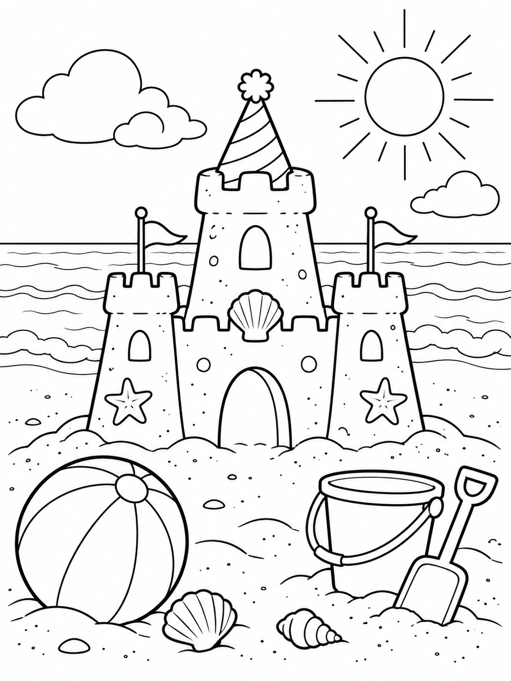 Beach birthday coloring page with a party-hat sandcastle, beach ball, pail, shovel, shells, waves, sun, and clouds