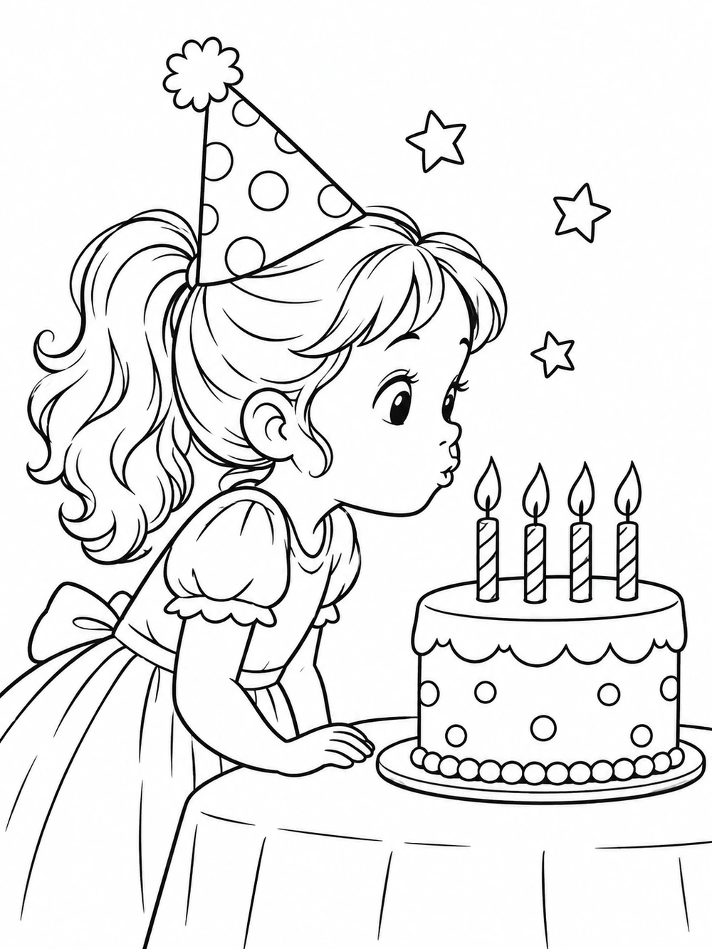 A child in a party hat leans toward a four-candle birthday cake, with stars nearby.