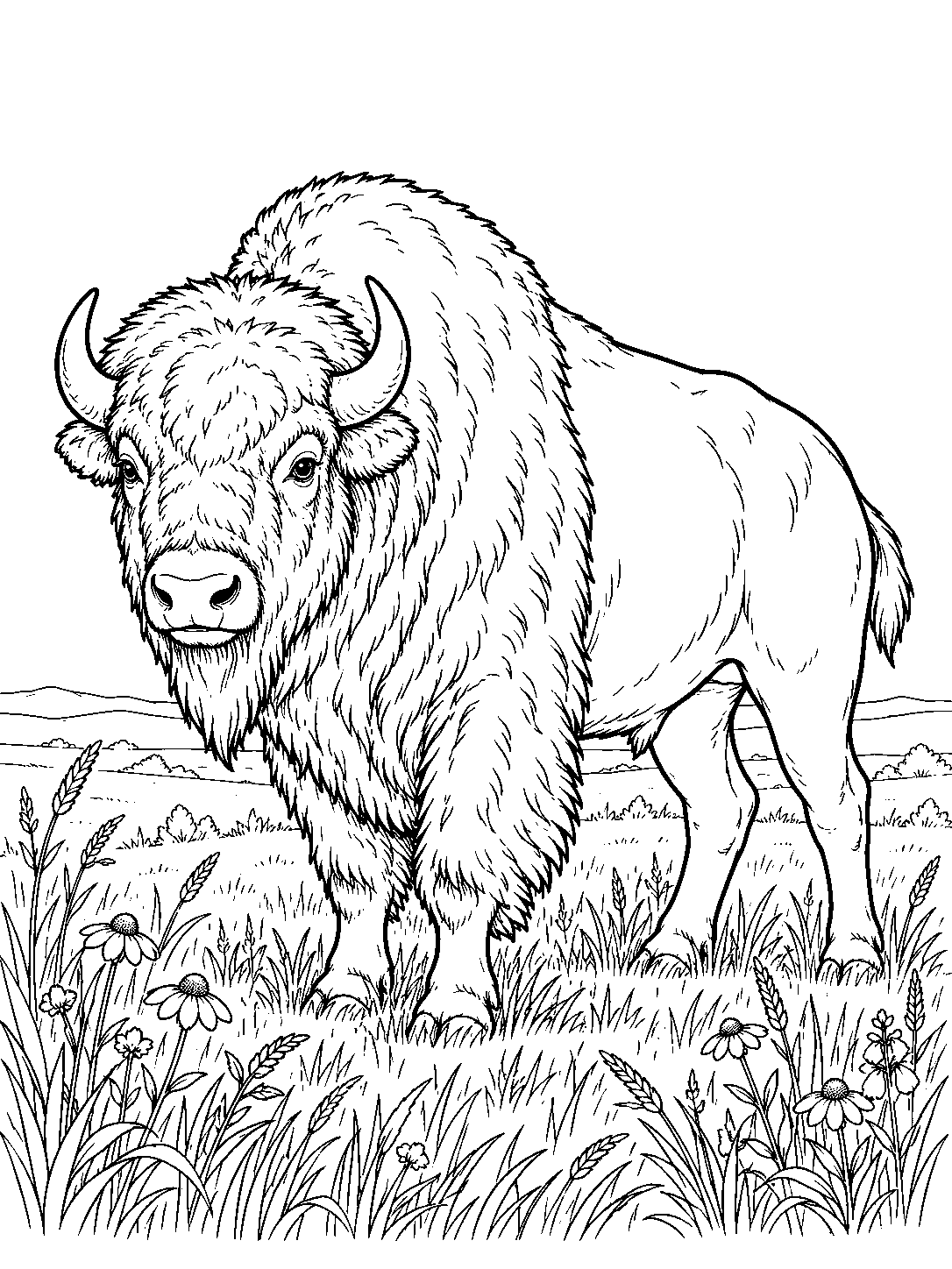 Bison in a prairie meadow coloring page