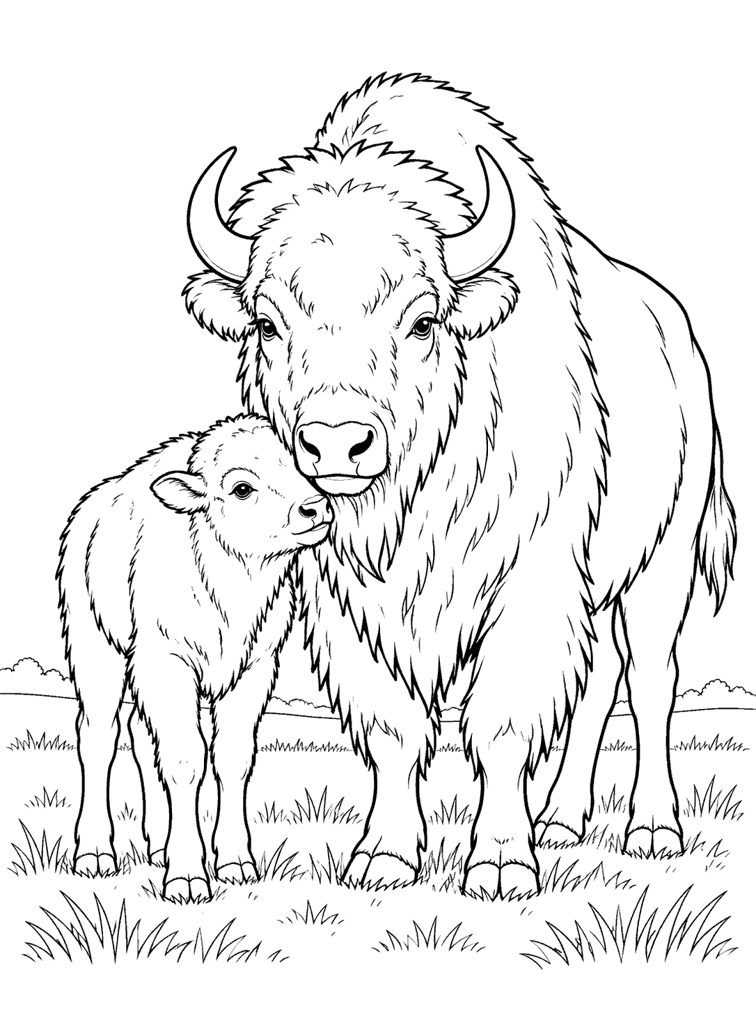 Line-art coloring page of a bison calf leaning against its horned mother in a grassy field.