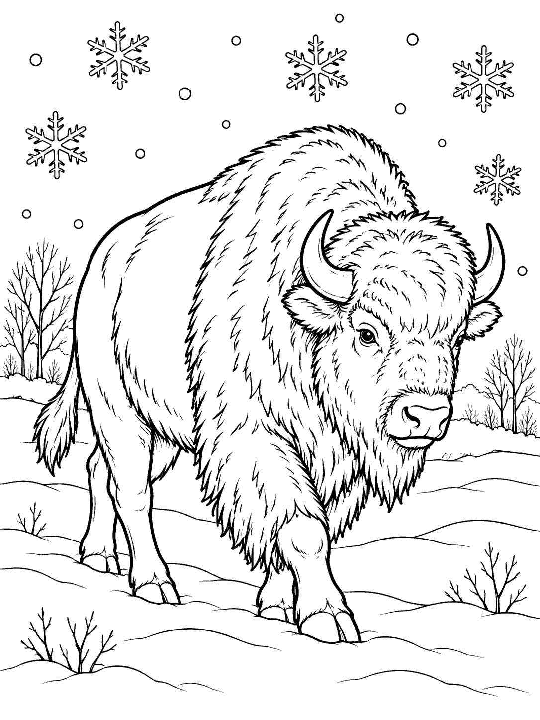 A shaggy bison walking through a snowy field with bare trees and large snowflakes, in a black-and-white coloring page.