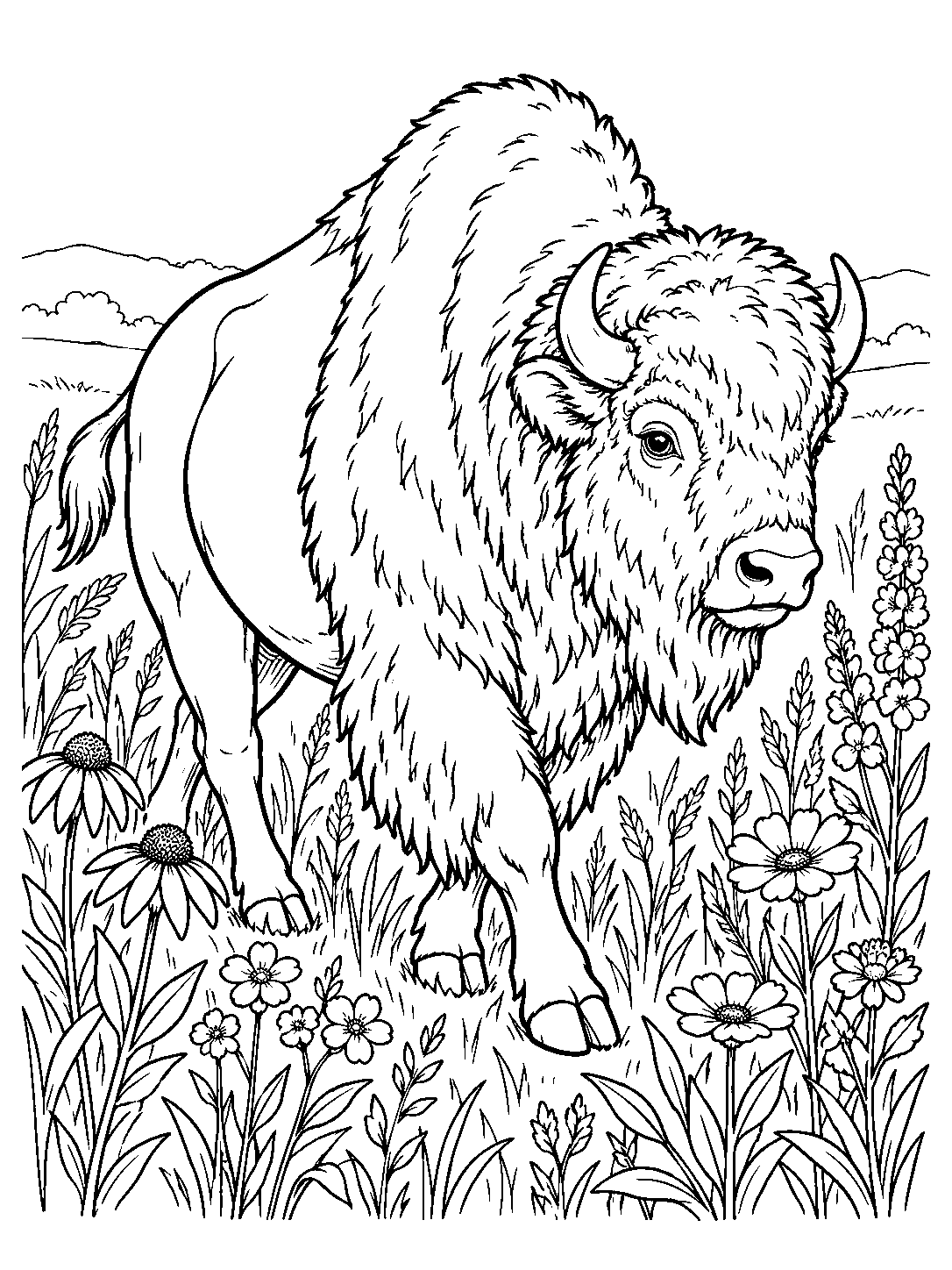 Bison surrounded by prairie flowers on a coloring page.
