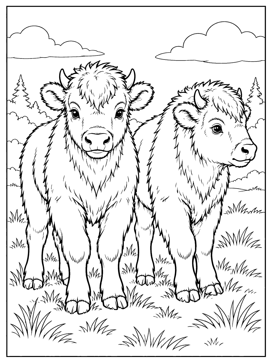 Two bison calves in a grassy clearing coloring page