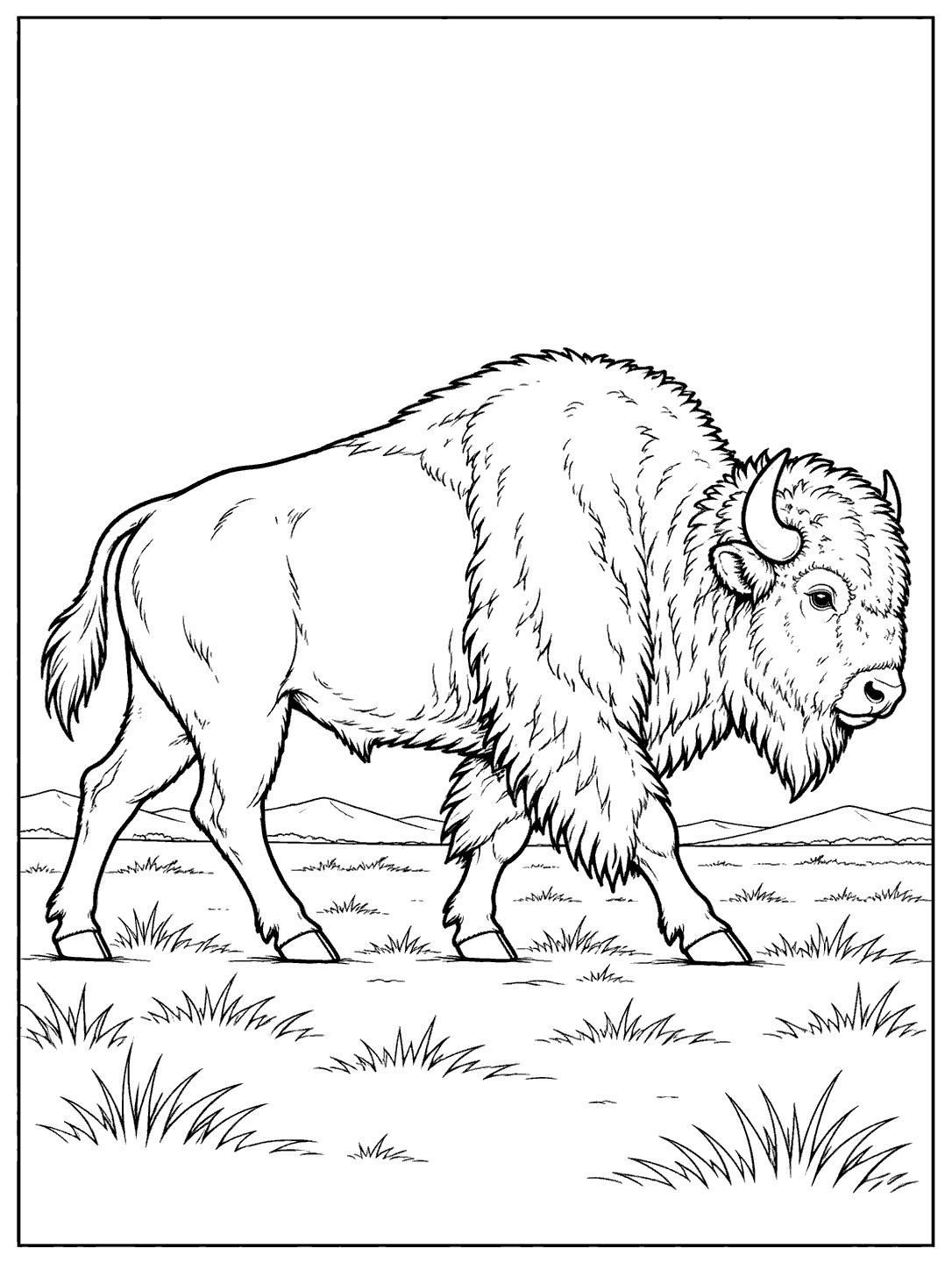 Bison walking across open plains coloring page